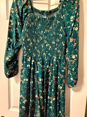 Old Navy Teal Floral Smocked Bodice Midi Dress